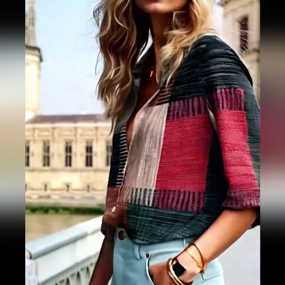 Women's Contrast Color Block & Button Print Long Sleeve Casual Retro Shirt - Picture 2 of 5